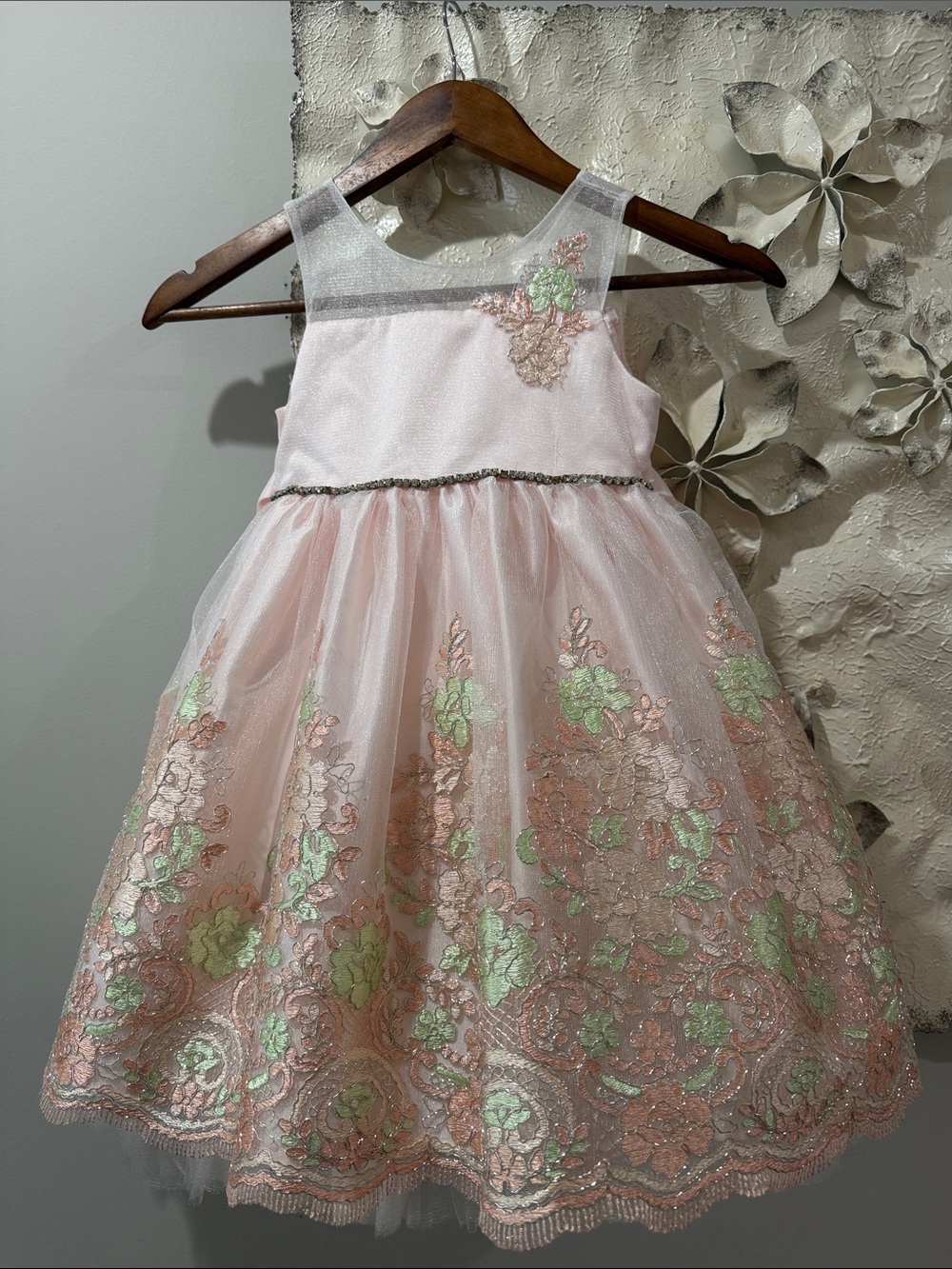 Princess Faith Girls Pink Floral Embroidered Tulle Party Dress Size 4